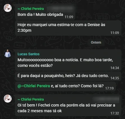 Cliente contando que marcou estimate e fechou o serviço