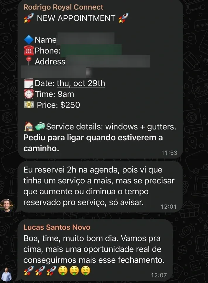 Royal Connect avisando visita marcada pra serviço de janelas e calhas